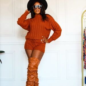 Stylish Orange Knit Sweater and Shorts Set
